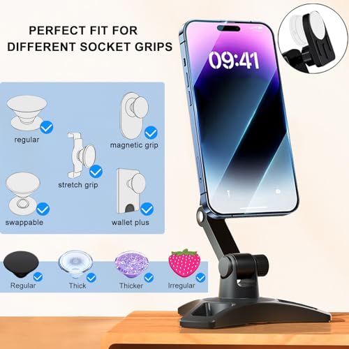 Cell Phone Stand Works for Popsocket, Height Angle Adjustable Desk Phone Holder, Heavy Duty Phone Stand for Desk for Home, Fits for All Sockets Grips