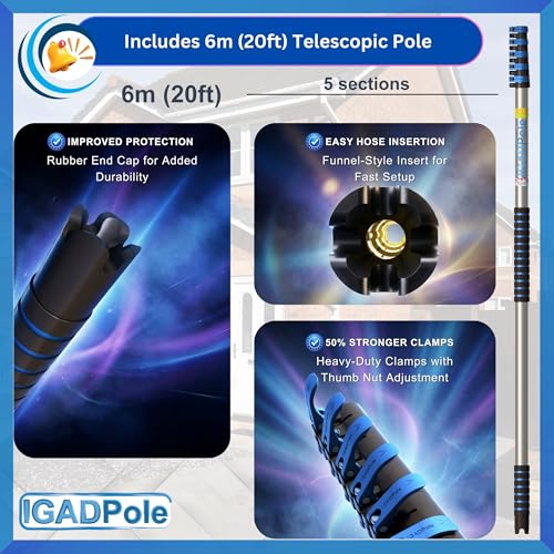 IGADPole 20 FT Water-Fed Cleaning Kit – Extendable Telescopic Pole with Soap-Dispenser, Brush & Cobweb Duster, Adjustable 5-20 FT Handle for Safe High Window, Gutter, Solar Panel & Exterior Cleaning - size: 20 ft Pole