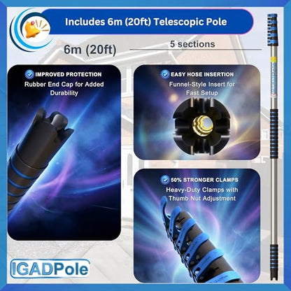 IGADPole 20 FT Water-Fed Cleaning Kit – Extendable Telescopic Pole with Soap-Dispenser, Brush & Cobweb Duster, Adjustable 5-20 FT Handle for Safe High Window, Gutter, Solar Panel & Exterior Cleaning - size: 20 ft Pole