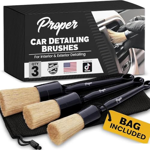 Premium Car Detailing Brush Set - Professional 3 Pack Kit Detail Brushes with Soft Boars Hair Bristles for Auto Interior & Exterior - for Cleaning Leather Seats, Air Vents, Wheels & Emblems - color: Black (3 Pack)