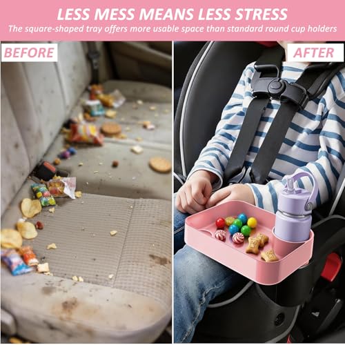 Car Seat Snack Tray for Toddlers, Reduces Mess Square Travel Tray Cup Holder Snack Tray, Durable Car Food Tray for Kids, Universal Fit Kids Travel Road Trip Essentials(Pink) - color: Pink