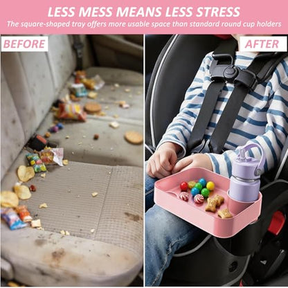 Car Seat Snack Tray for Toddlers, Reduces Mess Square Travel Tray Cup Holder Snack Tray, Durable Car Food Tray for Kids, Universal Fit Kids Travel Road Trip Essentials(Pink) - color: Pink