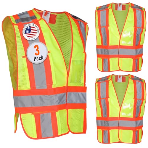 High Visibility Safety Vest – ANSI Class 2 Breakaway Vest with 5 Pockets, Yellow with Adjustable Hook and Loop Closure, Breathable Mesh, Heavy Duty Work Wear for Men or Women, 3 Pack (Medium/Large) - size: Medium-Large