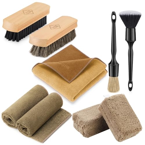 Fantasticlean 9PC Car Detailing Kit，Boars Hair Brush，Horse Hair Bristle，Suede-Coral Cloth，Car Dust Brush，Microfiber Towel & Applicator，Scratch-Free & Ultra-Soft for Leather, Seats & Interior Cleaning - size: IT-ACS04-NT