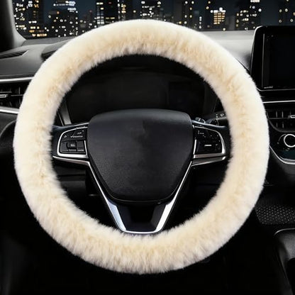 Furry Car Steering Wheel Cover, Fluffy Soft Warm Plush Non-Slip, 14 1/2-15 inch, for Women Girls, Pearl - color: single cover - pearl