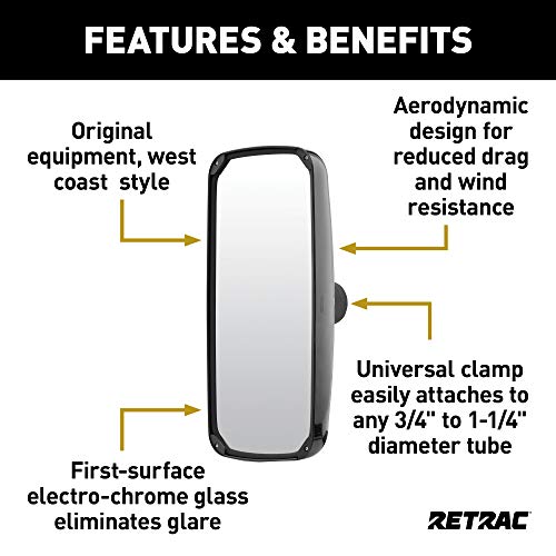 RETRAC 610872 Aerodynamic 8 x 17-Inch Plastic West Coast Mirror Head, Fits 3/4 to 1-1/4-In Tube, Universal Driver or Passenger Side, Chrome