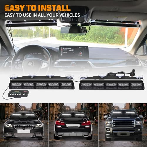 XRIDONSEN 2x 17 inch White Strobe Lights for Trucks Interior Front/Rear Windshield Dash Emergency Lights 40 LED Flashing Warning Hazard Caution Safety Light w/Controller for Construction Vehicles Car - color: White
