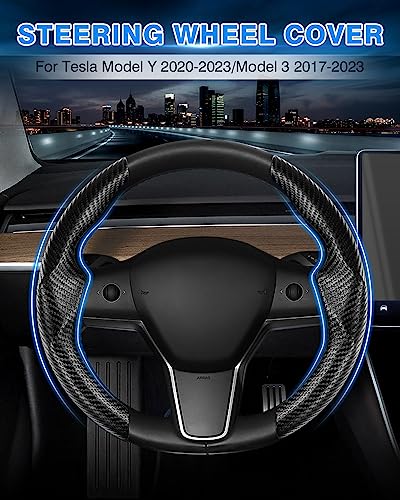 Shademax for Tesla Steering Wheel Cover Tesla Model Y/3 2017-2025 2026 (Fit Model Y Juniper 2026/ Model 3 Highland) Carbon Fiber Steering Wheel Cover Protector Anti-Slip Model Y/3 Accessories (Black) - color: A-Black (Carbon Fiber )