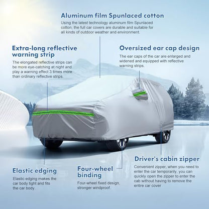 KEYOOG 6-layer Full Car Cover Is All-weather Waterproof, Universal In All Seasons, Snow Prevention, Rainproof, Acid Rainproof, Sunscreen, Ultraviolet-proof, Universally Applicable To Sedan (165"-182") - color: Green reflective strip, size: 1/ J-S For Seda