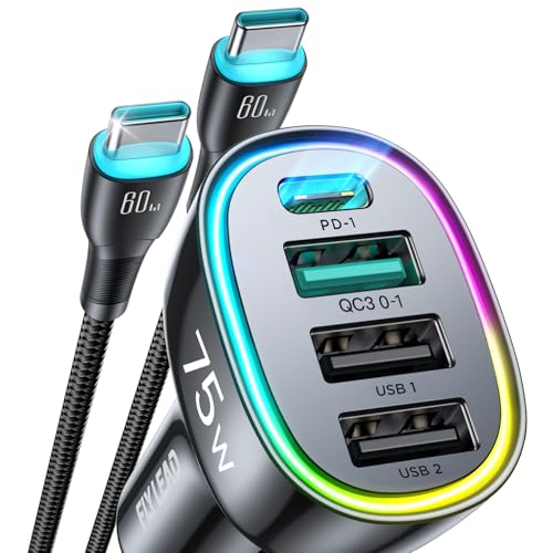 75W Car Charger USB C, 4 Port Super Fast Cigarette Lighter USB Charger, Type C 60W & QC 3.0 Multiport Car Phone Adapter Accessories for iPhone 17/16/15/14 Samsung S26 Series with 3.3ft 60W USB C Cable - color: With Cable