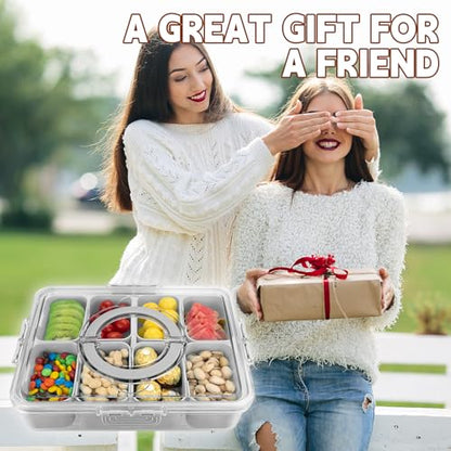 Divided Serving Tray with Lid and Handle,8 Compartments Snacks Box,Snack Fruit and Veggie Tray,Portable Platter for Candy Fruits Nuts Snack Party Entertaining Picnic (2 PCS Grey) - color: 2pcs-serving-tray-grey