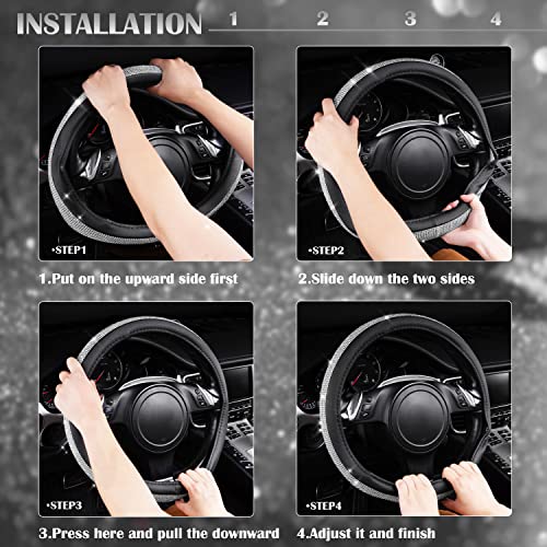 CAR PASS Bling Diamond Leather Steering Wheel Cover, with Bling Sparkly Crystal Glitter Rhinestones Universal Fit 14.5in-15in Car Wheel Protector for Women Girl Fit Suvs,Vans,Sedans,Car,Trucks, Silver - color: Silver Diamond