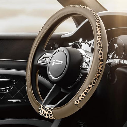 Road Comforts Steering Wheel Cover - Made with PVC Leather and Leopard Fabric - Universal 14 1/2 inches to 15 inches for Most Automotive Steering Wheel - Cheetah Print -Beige - color: Round-Beige