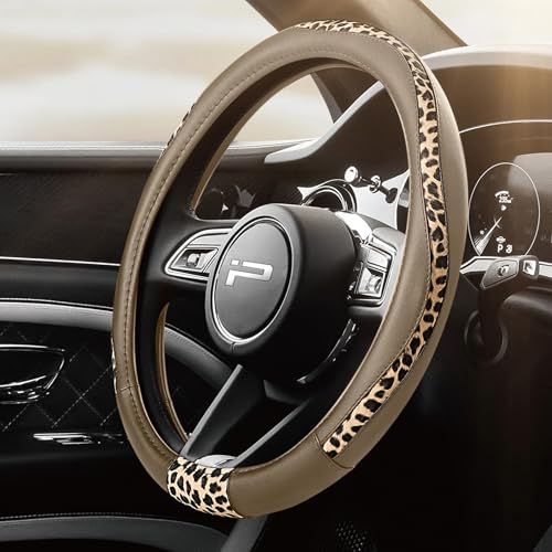 Road Comforts Steering Wheel Cover - Made with PVC Leather and Leopard Fabric - Universal 14 1/2 inches to 15 inches for Most Automotive Steering Wheel - Cheetah Print -Beige - color: Round-Beige
