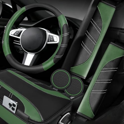 NBTEPEM 6 Pcs Green Car Accessories Set, Sport Leather Steering Wheel Cover 14.5-15inch Universal, Microfiber Leather Car Center Console Cover, Seat Belt Cushion, Cup Holder Coaster (Black-Green) - color: Green, size: Steering Wheel Cover Set