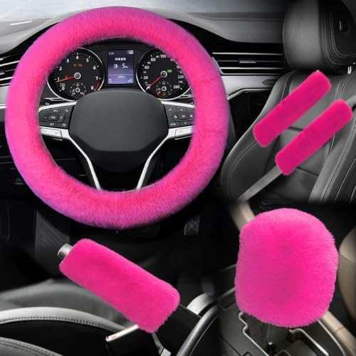 5PCS Fluffy Car Steering Wheel Cover Set, Includes Faux Fur Gear Shift Cover & Handbrake Cover & Steering Wheel Protector & 2 Seat Belt Shoulder Pads, Winter Fuzzy Warm Car Accessories (Rose Red) - color: Rose Red
