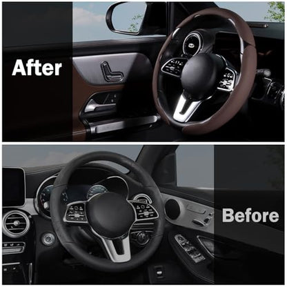 Car Steering Wheel Cover Leather Snap On 3Pcs Set Non-Slip Protector Wrap Steering Wheel Accessories 14.5-15 inch Universal Brown - color: Brown