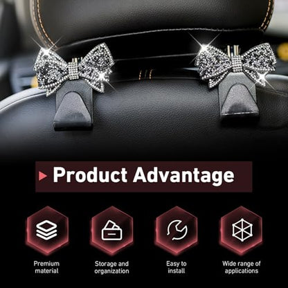 2 PCS Car Seat Headrest Hooks, Bling Rhinestones Crystal Bow Car Purse Hooks, Cute Backseat Storage Hanger for Handbag Purse Coat, Universal for SUV Truck Sedan (Black) - color: Black