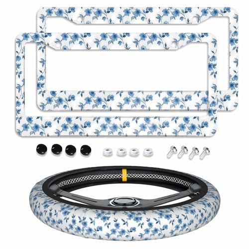 Flowers Blue License Plate Frame 2pc Flowers Cute License Plate Frame Flower Steering Wheel Cover Steering Wheel Cover Cars Aluminum with Fits Standard Us Ca Vehicles - color: flowers Blue
