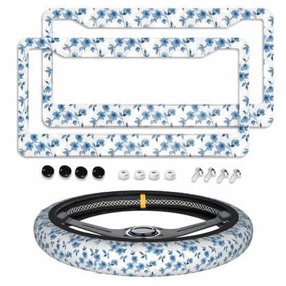 Flowers Blue License Plate Frame 2pc Flowers Cute License Plate Frame Flower Steering Wheel Cover Steering Wheel Cover Cars Aluminum with Fits Standard Us Ca Vehicles - color: flowers Blue