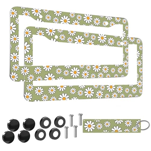2pcs Retro Daisy Flowers Floral License Plate Frame for Women,Lime Green Vintage Plant car Decorative tag Frames Girly,Cute Green Floral License Plate Cover Holder for Vehicle with car Keychain tag - color: for Retro Daisy Floral Flowers