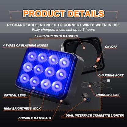 2PCS Rechargeable Flashing Lights for Vehicles, 12-Led Blue Emergency Strobe Lights, Battery Powered Strobe Caution Warning Beacon Lights with Magnetic for Trucks Trailers Car ATV Van RV SUV - color: Blue
