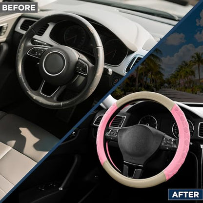 PIC AUTO Massage Steering Wheel Cover, Pink Football Pattern Material Spliced & Beige Leather Car Steering Wheel Cover, Car Steering Cover, Universal Fit 14.5"-15.5" for Cars, Trucks, Van, SUVs - color: Beige