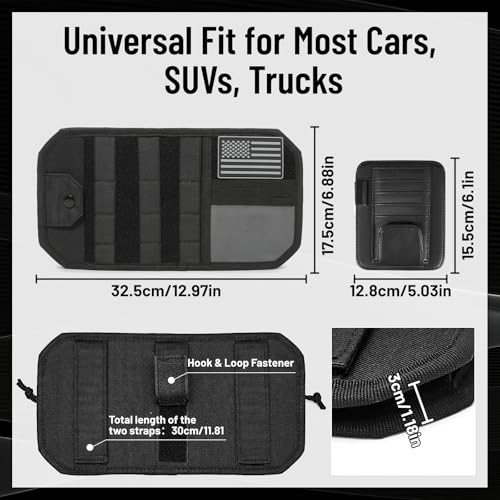 2 Pack Car Sun Visor Organizer, Auto Interior Accessories Tactical Molle Panel & PU Leather Visor Storage Pouch with Sunglasses Clip, Multi-Pocket Document Holder for Truck SUV Car Gear