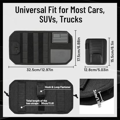 2 Pack Car Sun Visor Organizer, Auto Interior Accessories Tactical Molle Panel & PU Leather Visor Storage Pouch with Sunglasses Clip, Multi-Pocket Document Holder for Truck SUV Car Gear