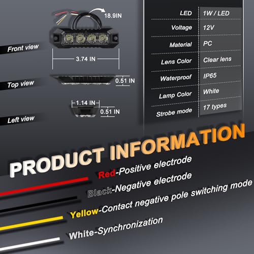 4PCS Ultra Slim LED Strobe Lights for Trucks 4-LED Surface Mount Flashing Emergency Lights, 12V 24V LED Mini Grille Hazard Warning Caution Light for Truck, Vehicles ATV Cars Trailer SUV,White - color: White