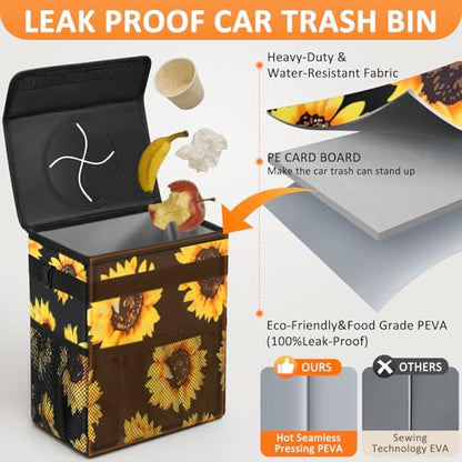 Vankor 3 Gallons Car Trash Can with Lid, Car Bag Bin Hanging Waterproof Automotive Garbage Cans Leak Proof Vehicle Trash Can Sunflower - color: Sunflower, size: 3 Gallons