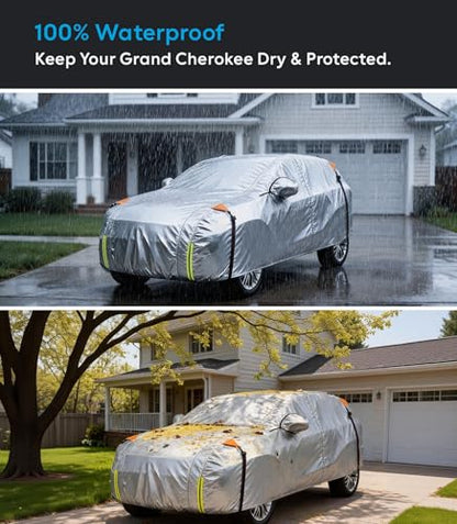 Wigoo Jeep Grand Cherokee Car Cover Accessories 1999-2026, Custom Fit Waterproof All Weather Outdoor Full SUV Cover, Windproof Sun UV Rain Snow Dust Protection, Door Zipper, Reflective Strips - size: for Jeep Grand Cherokee (1999-2026)