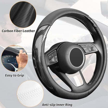 KAFEEK Carbon Fiber Steering Wheel Cover, Universal 15 inch, Anti-Slip, Odorless,Black - color: Black-2, size: Standard Size[14.5"-15"]