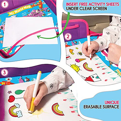 Kids Travel Tray - Waterproof Lap Table with No-Drop Large Tablet Holder - Car Seat Tray - Road Trip Essentials Kids - Car Desk Organizer for Airplane - Toddler Travel Essentials (Pink) - color: PINK