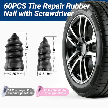 Tire Repair Rubber Nail Kit, Premium Spiral Screw-in Tire Plugs with 2 Sizes, Emergency Roadside Flat Tire Fix Tool for Car Truck Motorcycle Tractor ATV SUV - Fast Self Service Repair, 61 PCS - size: 60 PCS + Screwdriver