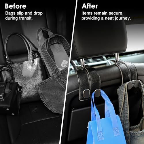 KINIVA Car Seat Headrest Storage Hooks, Set of 2, Suede PU Leather, Double Hooks (06-Black) - color: 06-Black
