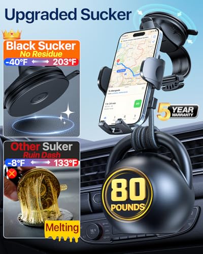 HTU Upgraded Strongest Suction Car Phone Holder Bendable Arm, Never Block View Rotatable Cellphone Mount for Dashboard Windshield Vent, Cradle Stand for iPhone 17 16 15 14 13 12 Pro Max (Red) - color: Red