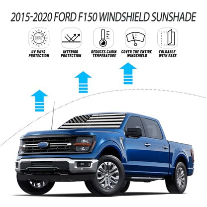 D-Lumina Windshield Sun Shade for 2015-2020 F-150 F150 Lariat, King Ranch, Platinum, XL XLT Limited Raptor, Front Window Sunshade American Flag Sun Visor Protector, Foldable 2 Layers 210T Material - size: Silver & Black-Fit 2015-2020 Ford F150