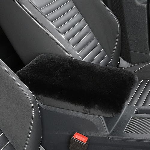 Genuine Sheepskin Center Console Cover Pad Genuine Furry Fluffy Wool Fur Car Armrest Cover Protector Universal Fit for SUV/Truck/Car - color: Shearling-Black