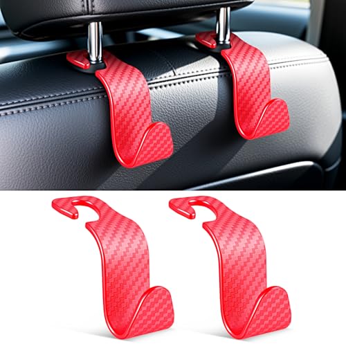 SINGARO Universal 2 Pack Car Seat Headrest Purse Hook, Carbon Fiber Back Seat Hook Storage Organizer Hanger for Purse Handbag Coat, Car Interior Accessories(Red) - color: Red, size: 2pc