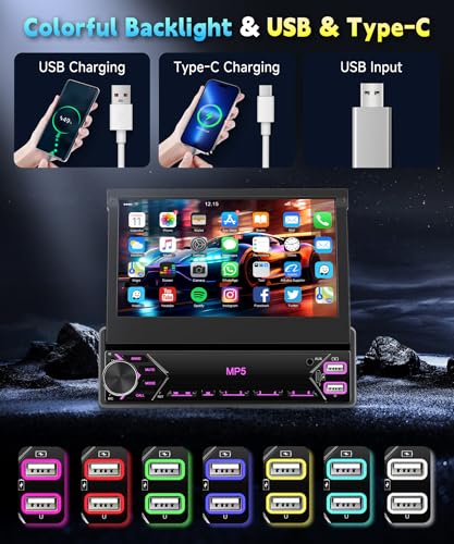 7 inch Single Din Flip Out IPS Touchscreen Car Stereo, 1 Din Car Stereo with Bluetooth Car Audio Receivers, Backup Camera, FM Radio/Mirror Link/USB/AUX/TF/Type-C Fast Charging - style: 7 inch+Mirror Link