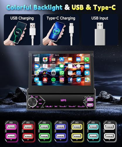 7 inch Single Din Flip Out IPS Touchscreen Car Stereo, 1 Din Car Stereo with Bluetooth Car Audio Receivers, Backup Camera, FM Radio/Mirror Link/USB/AUX/TF/Type-C Fast Charging - style: 7 inch+Mirror Link