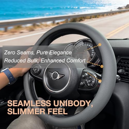 PINCTROT Nappa Leather Steering Wheel Cover, Slim Fit No Bulk Design, One Piece Leather with Breathable Perforation, Fit Like Gloves, Universal 14.5-15 Inch(Nappa Dark Gray) - color: 05.Dark Gray, size: Medium(Standard) Size[14 1/2''-15'']