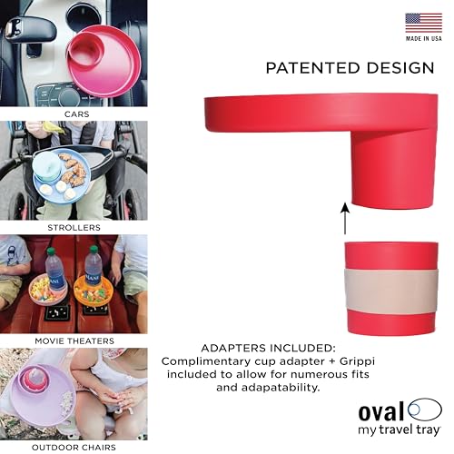 Travel Tray Oval USA Made Extend Your Current Cup Holder to Hold Your Cup Plus A Tray for Snacks, Toys and Accessories. Use in a Car Seat, Booster, Stroller, Golf Cart, Outdoor Chair, Coral Red