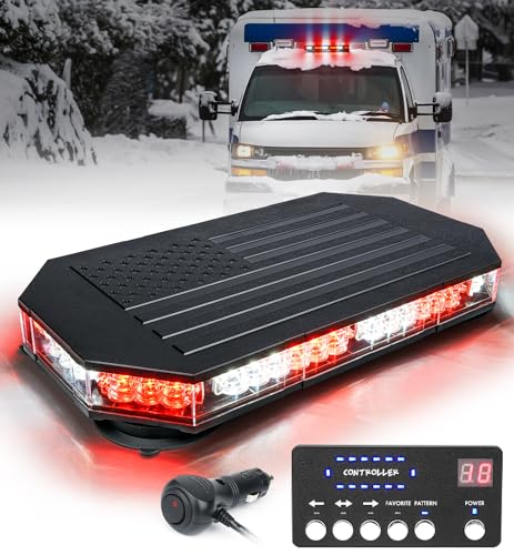 LUMENIX Rooftop Strobe Beacon Lights White Red LED Emergency Warning Caution Flashing Traffic Light Bar for POV Firefighter Ambulance Vehicles Fire Trucks, American Flag Pattern | Patented Design - color: White Red