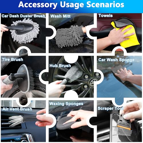 THINKWORK Car Wash Kit, 62'' Car Washing Brush with Long Handle, Extendable Car Wash Brush Mop with 2-in-1 Windshield Squeegee and 9Pcs Detailing Brushes, Gray Car Detailing Kit Gift for Men - size: 23PCS