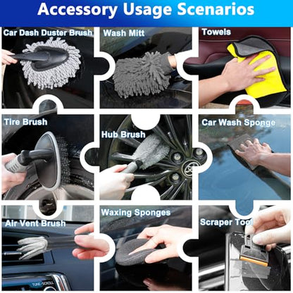 THINKWORK Car Wash Kit, 62'' Car Washing Brush with Long Handle, Extendable Car Wash Brush Mop with 2-in-1 Windshield Squeegee and 9Pcs Detailing Brushes, Gray Car Detailing Kit Gift for Men - size: 23PCS