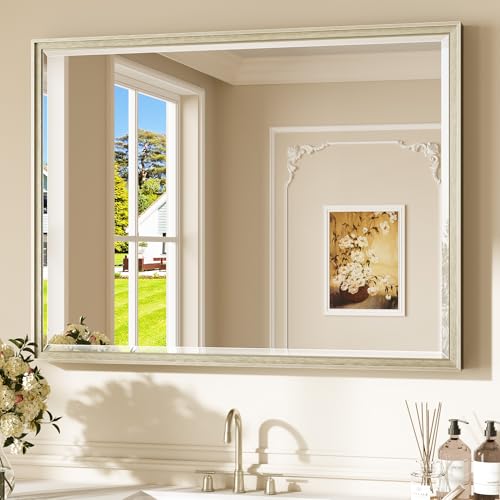 Keonjinn 40" x 30" Brushed Nickel Bathroom Vanity Mirror, Silver Bathroom Mirrors for Over Sink, Beveled Tempered Glass, Aluminum Alloy Frame, Decorative Wall Mirror for Living Room, Entryway, Bedroom - color: Brushed Nickel, size: 30"L x 40"W
