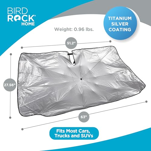 BIRDROCK HOME Car Windshield Sun Shade Umbrella - Foldable Cover UV Block for Front Window, Sunshield for SUV, Truck & Sedan, Protect Interior from Sun, Heat, & Wind - Extra Large - Black & Silver