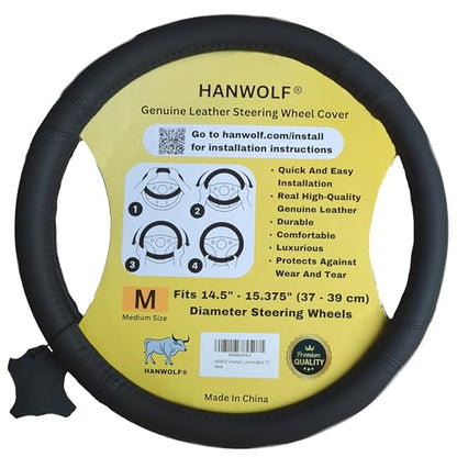 Steering Wheel Cover, Black, Real Genuine Leather, 15 inch, for Men and Women, Universal, Stretch On, Heat Resistant, Stays Cool, Non-Slip, HANWOLF - color: Black, size: Medium (14.5 to 15.375 inch diameter)